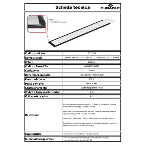 Porta etichette magnetici DURABLE C-PROFILE 40 antracite Lunghezza 200 mm x h 40 mm conf. 5 - 171258